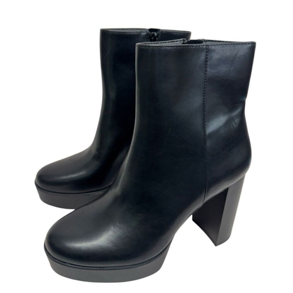 Alfani Boots Size 10 Black Almond Toe Faux Leather High Heel‎ Side Zip NEW